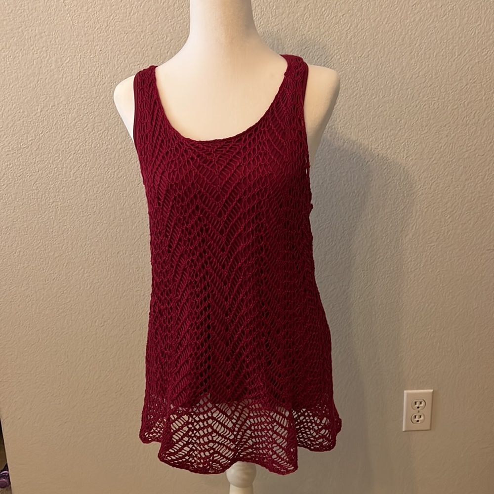 NWT Lucky Brand 🍀 Crochet Knit Racer Back Tank Burgundy Maroon Red